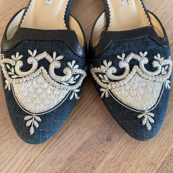 Oscar de la Renta Blue Embroidered Mules Slip-On Pointed Toe Slides Size 37.5 - Picture 3 of 8